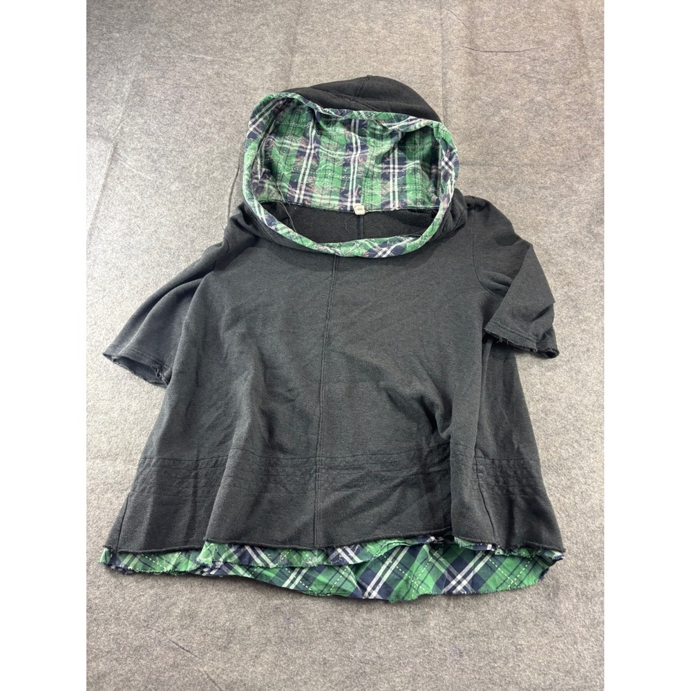 Free People We The Free Plaid Trim Short Sleeve Hoodie Charcoal Gray Womens L